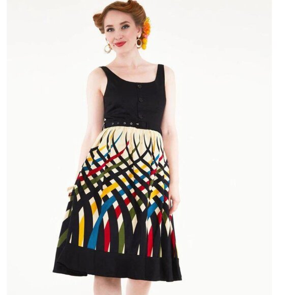 Voodoo Vixen Jean Fit & Flare Dress L Geometric Black Rockabilly Retro 50s Look - Picture 1 of 8